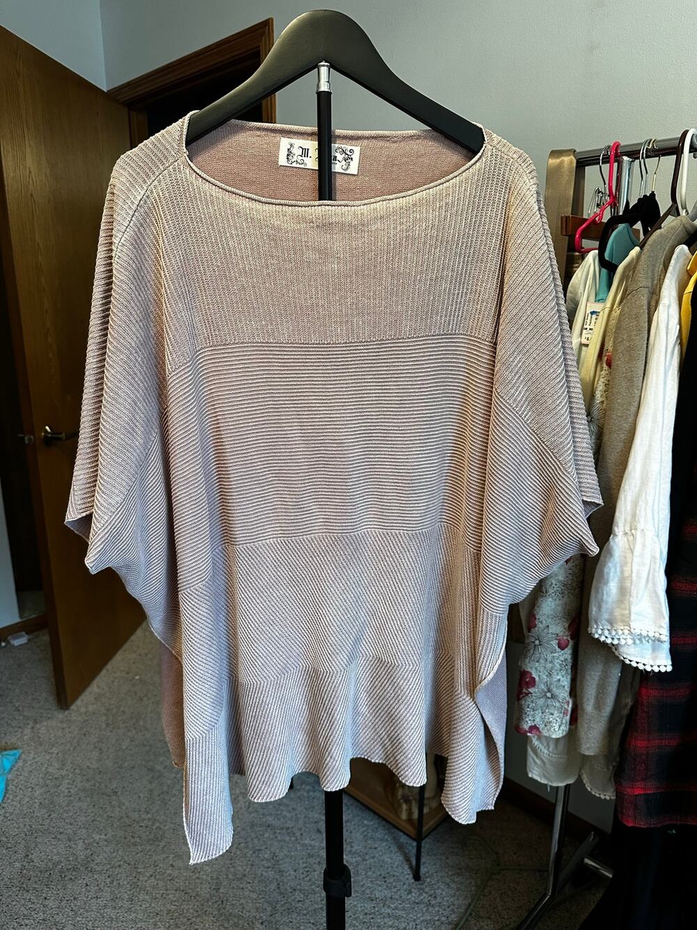 M. Rena Ribbed Knit Poncho Sweater Oversized Open Sleeve Cotton Tunic Beige OS